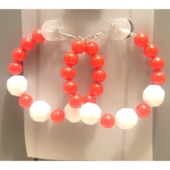 Red White Hoop Earrings 2" Retro Bold Funky Y2K Festival Pierced 80's Acrylic - Picture 4 of 6